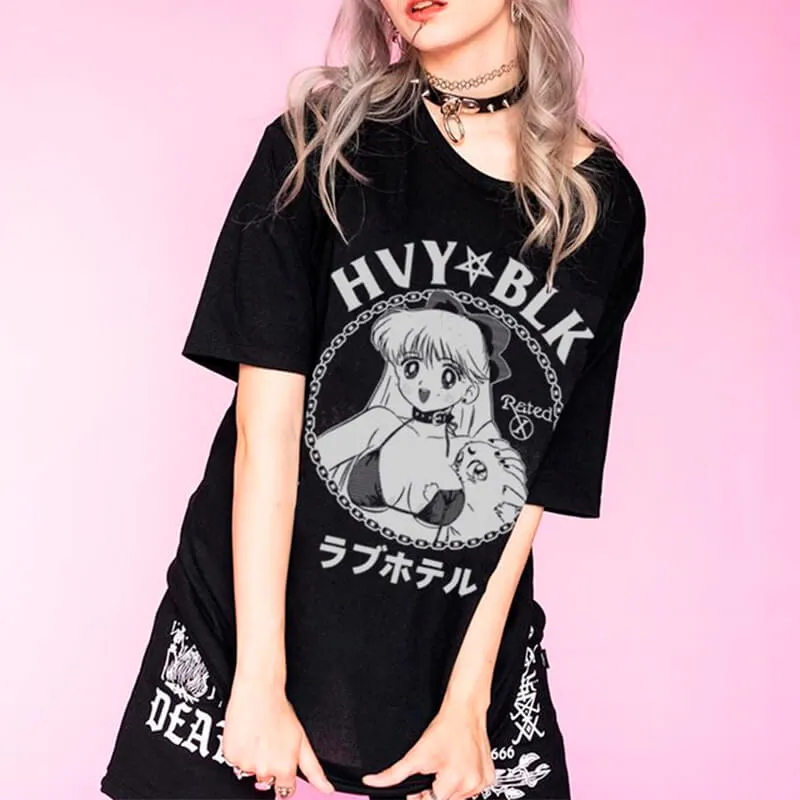 2K Animecore Girl HVY BLK Dark Fashion T-Shirt E-Kids