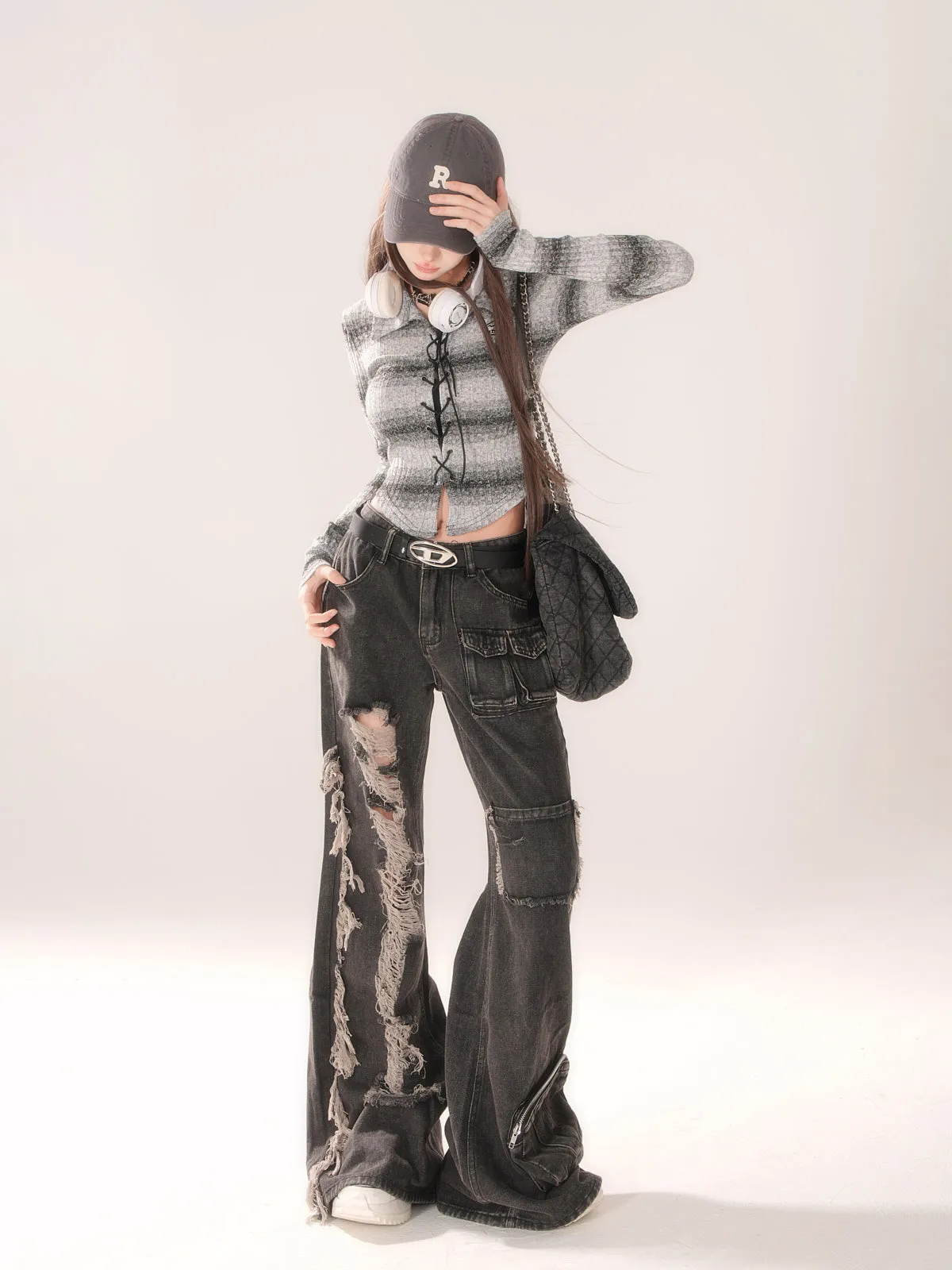 American Vintage Black Ripped Cargo Jeans