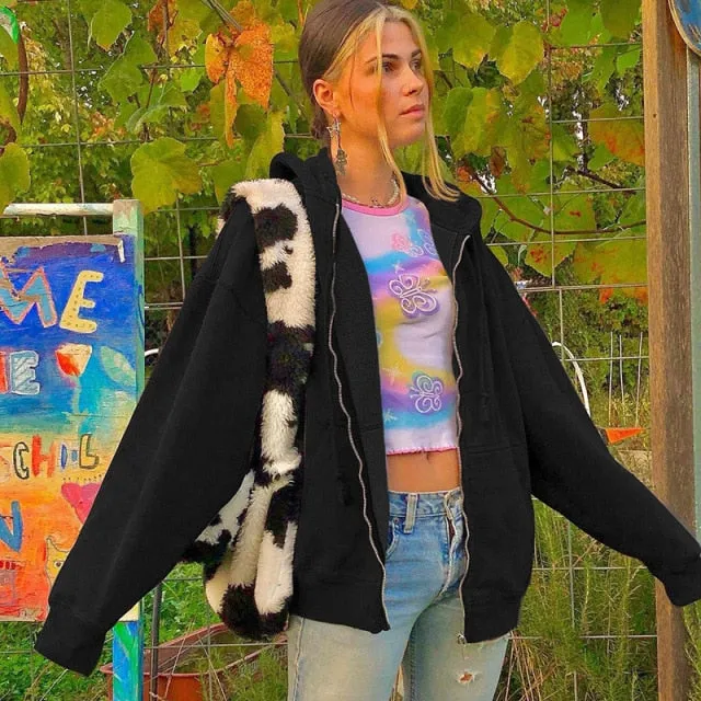 Brown Zip Up Hooded Sweatshirts Women Vintage Pockets Oversized Jacket Coat Autumn Female Y2K Aesthetic Long Sleeve Hoodie