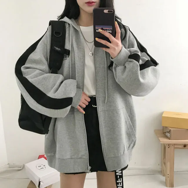 Brown Zip Up Hooded Sweatshirts Women Vintage Pockets Oversized Jacket Coat Autumn Female Y2K Aesthetic Long Sleeve Hoodie
