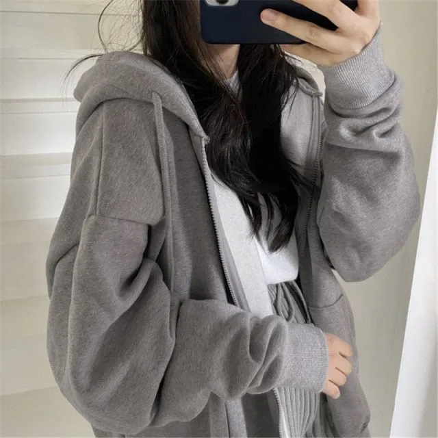 Brown Zip Up Hooded Sweatshirts Women Vintage Pockets Oversized Jacket Coat Autumn Female Y2K Aesthetic Long Sleeve Hoodie
