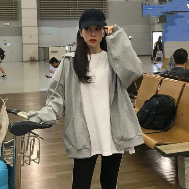 Brown Zip Up Hooded Sweatshirts Women Vintage Pockets Oversized Jacket Coat Autumn Female Y2K Aesthetic Long Sleeve Hoodie