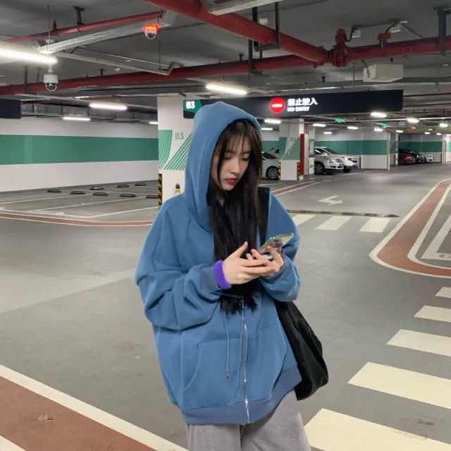 Brown Zip Up Hooded Sweatshirts Women Vintage Pockets Oversized Jacket Coat Autumn Female Y2K Aesthetic Long Sleeve Hoodie