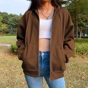 Brown Zip Up Hooded Sweatshirts Women Vintage Pockets Oversized Jacket Coat Autumn Female Y2K Aesthetic Long Sleeve Hoodie