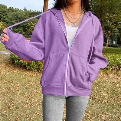 Brown Zip Up Hooded Sweatshirts Women Vintage Pockets Oversized Jacket Coat Autumn Female Y2K Aesthetic Long Sleeve Hoodie