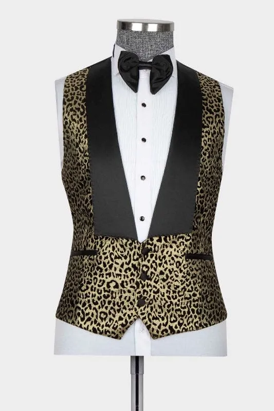 Chic Gold Three Pieces Prom Suits with Black Peaked Lapel Bestmen Txuedo