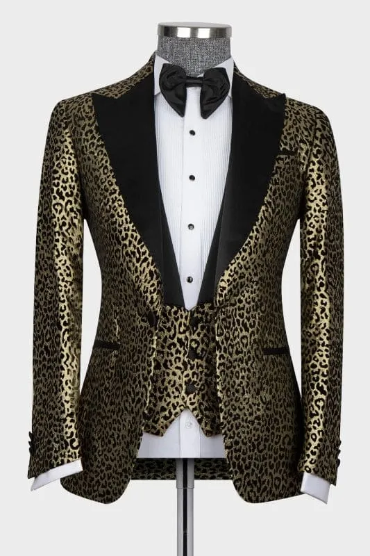 Chic Gold Three Pieces Prom Suits with Black Peaked Lapel Bestmen Txuedo