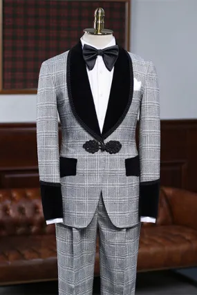 Chic Gray Shawl Lapel Plaid Wedding Suits Two Pieces Tuxedos