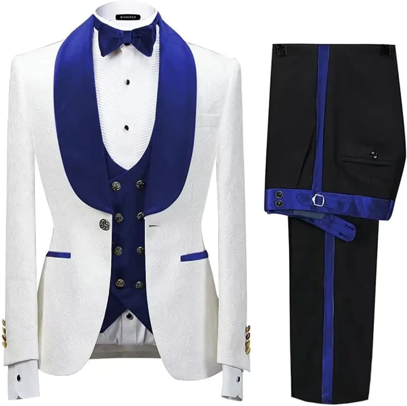 Chic Three Pieces Jacquard Slim Fit Wedding Suits with Royal Blue Shawl Lapel