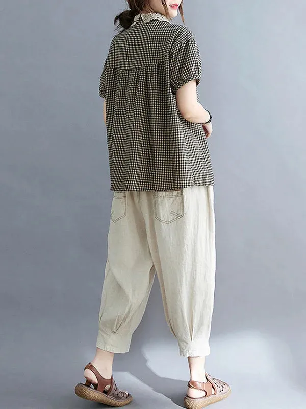 Cotton Blend Plaid Polo Puff Sleeve T-Shirts Tops 3XL 81632