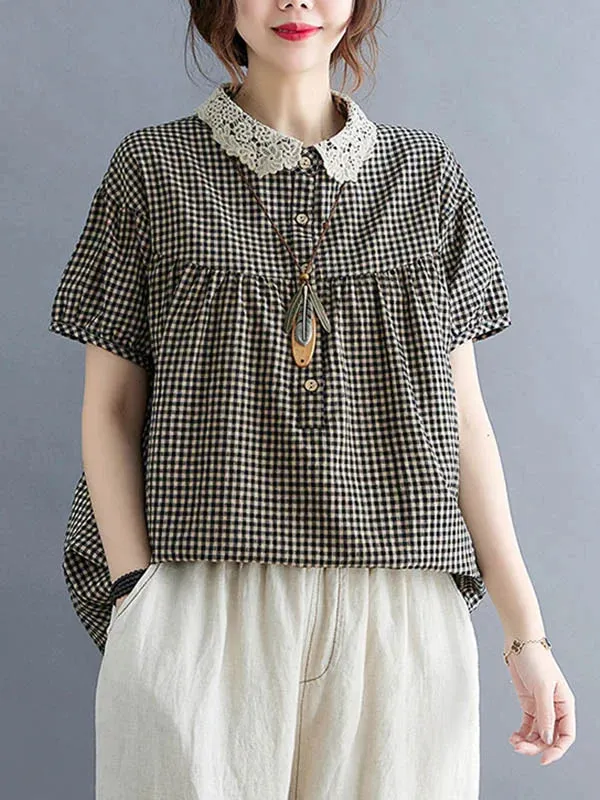 Cotton Blend Plaid Polo Puff Sleeve T-Shirts Tops 3XL 81632