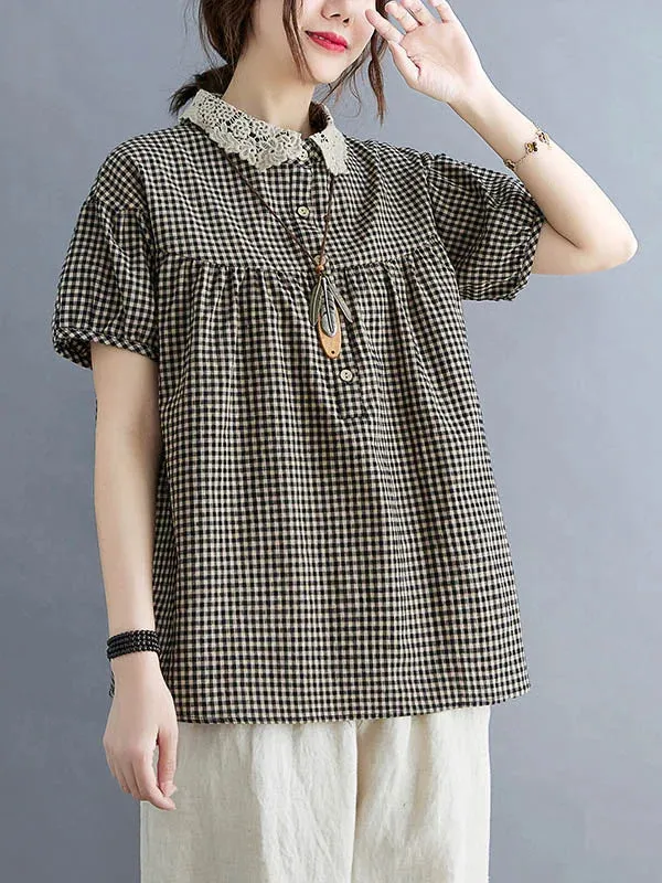 Cotton Blend Plaid Polo Puff Sleeve T-Shirts Tops 3XL 81632