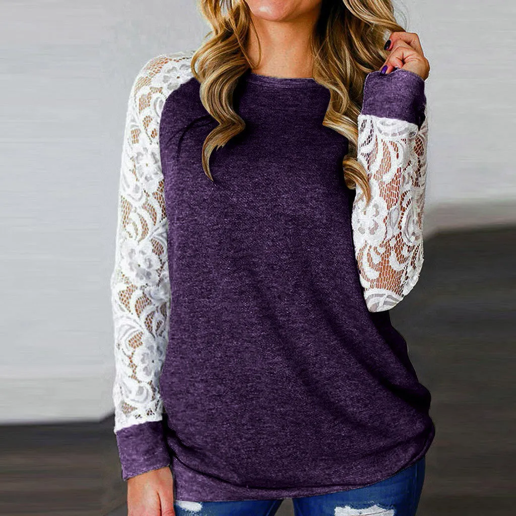 Fashion casual loose round neck stitching lace long sleeve T-shirt
