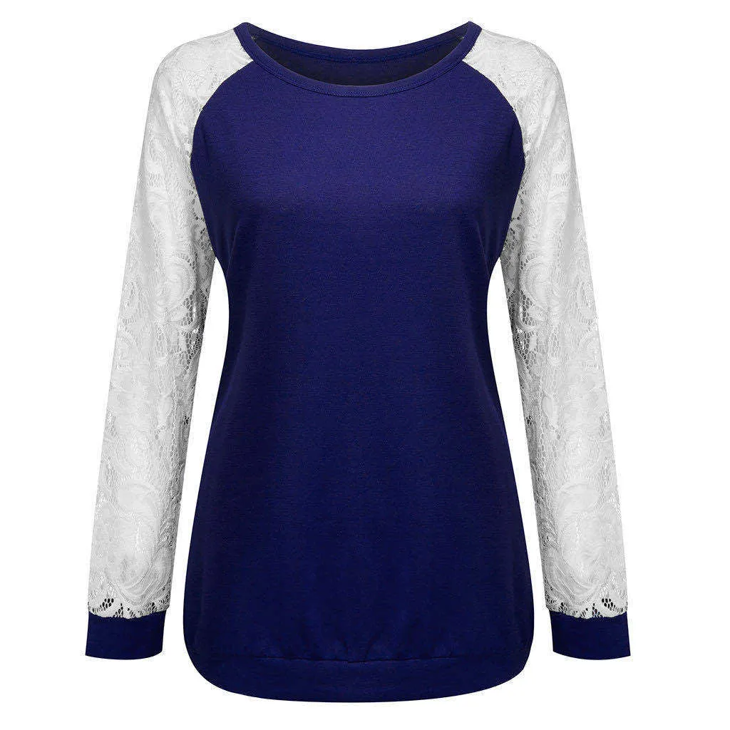 Fashion casual loose round neck stitching lace long sleeve T-shirt