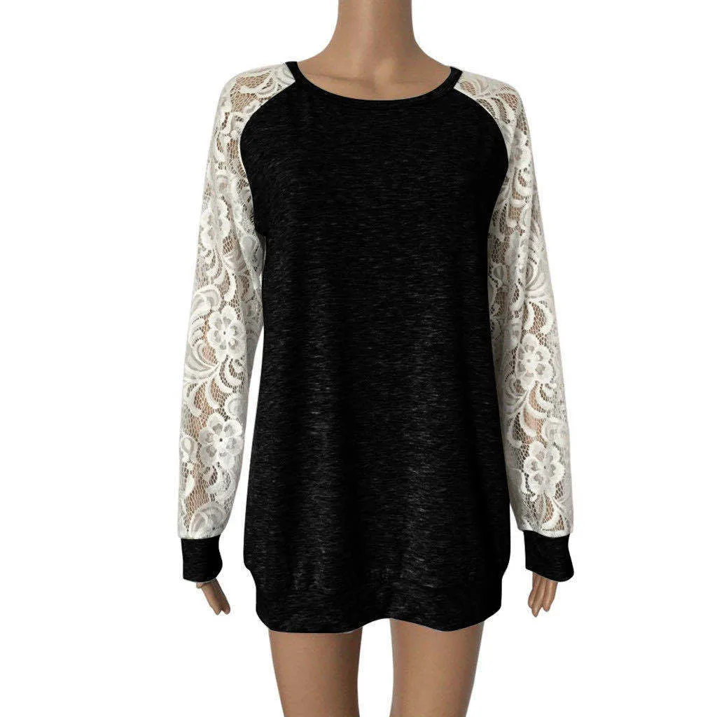 Fashion casual loose round neck stitching lace long sleeve T-shirt