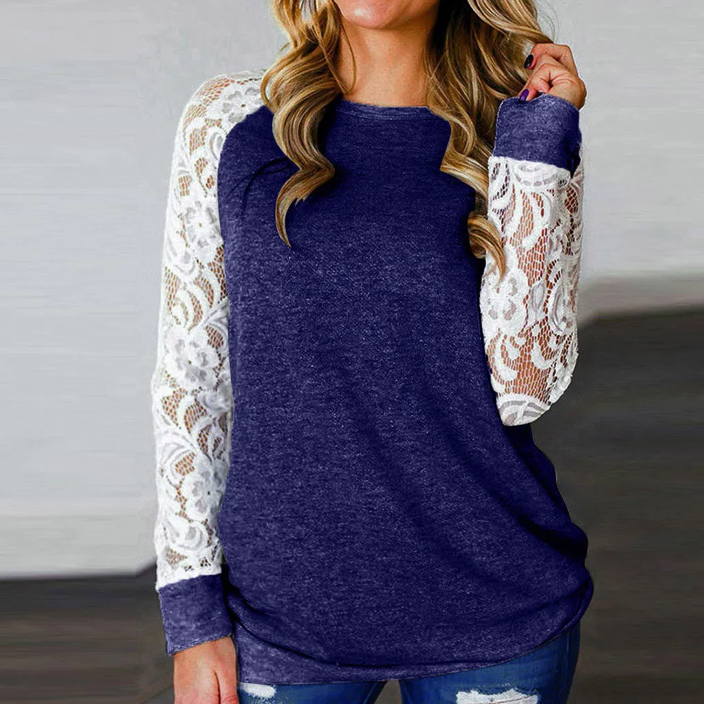 Fashion casual loose round neck stitching lace long sleeve T-shirt