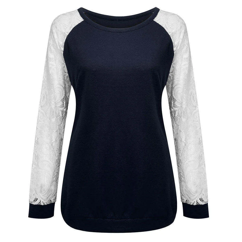 Fashion casual loose round neck stitching lace long sleeve T-shirt