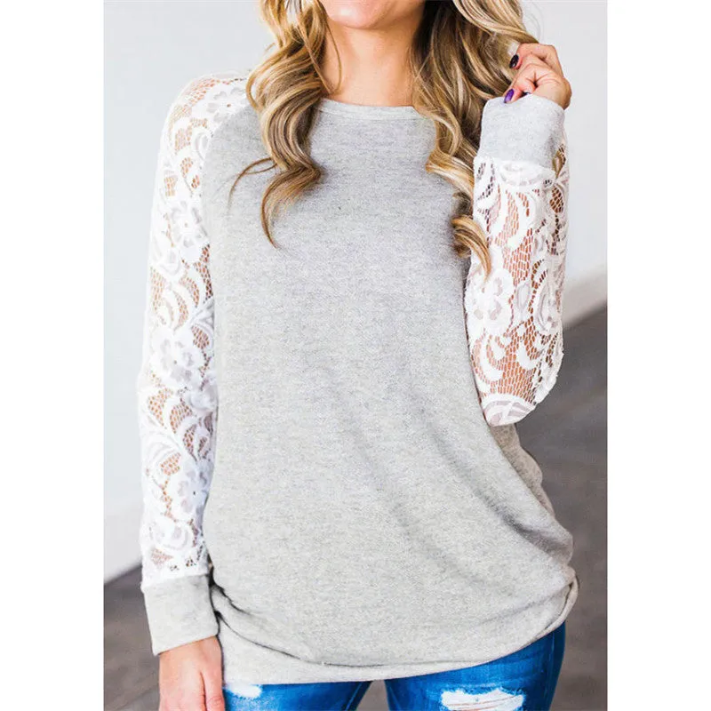 Fashion casual loose round neck stitching lace long sleeve T-shirt