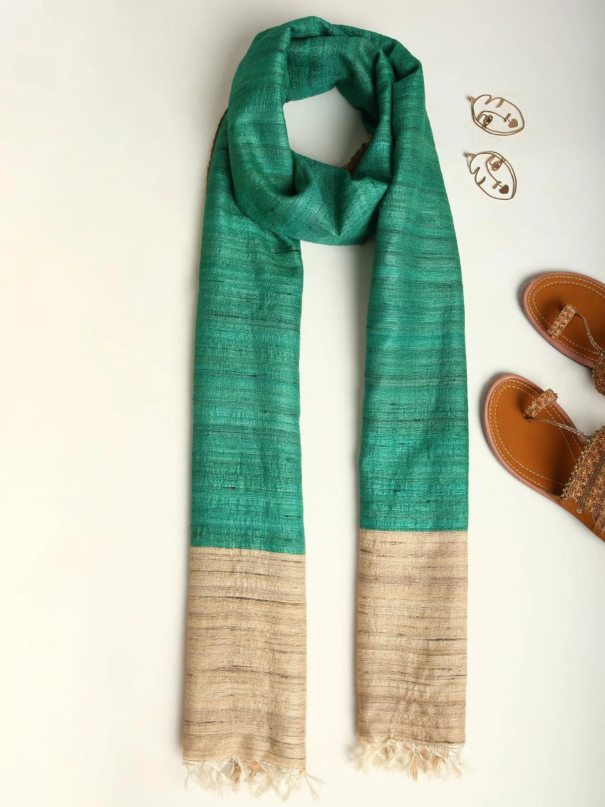 Green Handwoven Pure Tussar and Ghicha Silk Stole