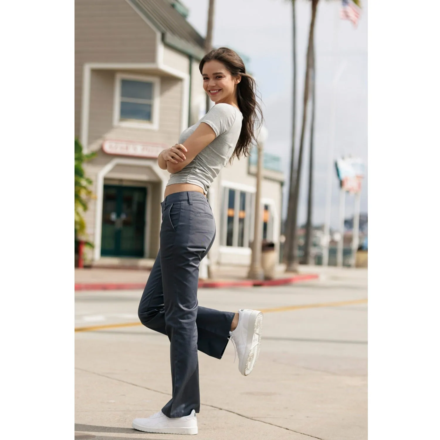 Low Rise Flared Leg Work Pants - Grey