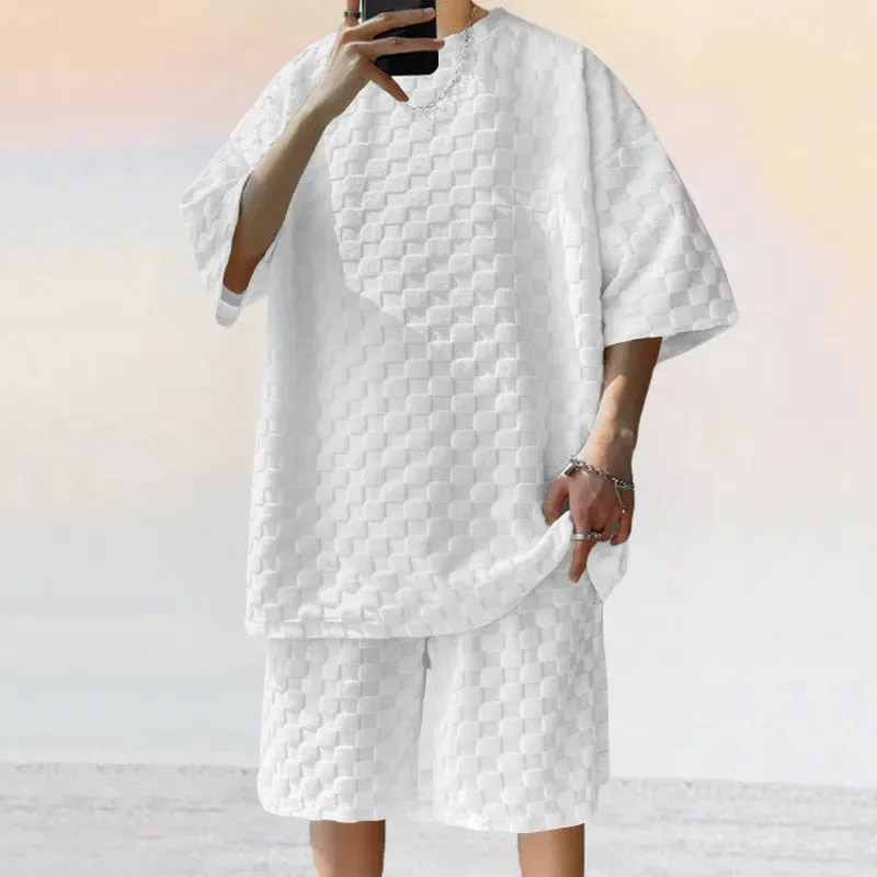 Men's Retro Plaid Two-Piece Loungewear Set: Casual Over Sized T-shirt and Shorts