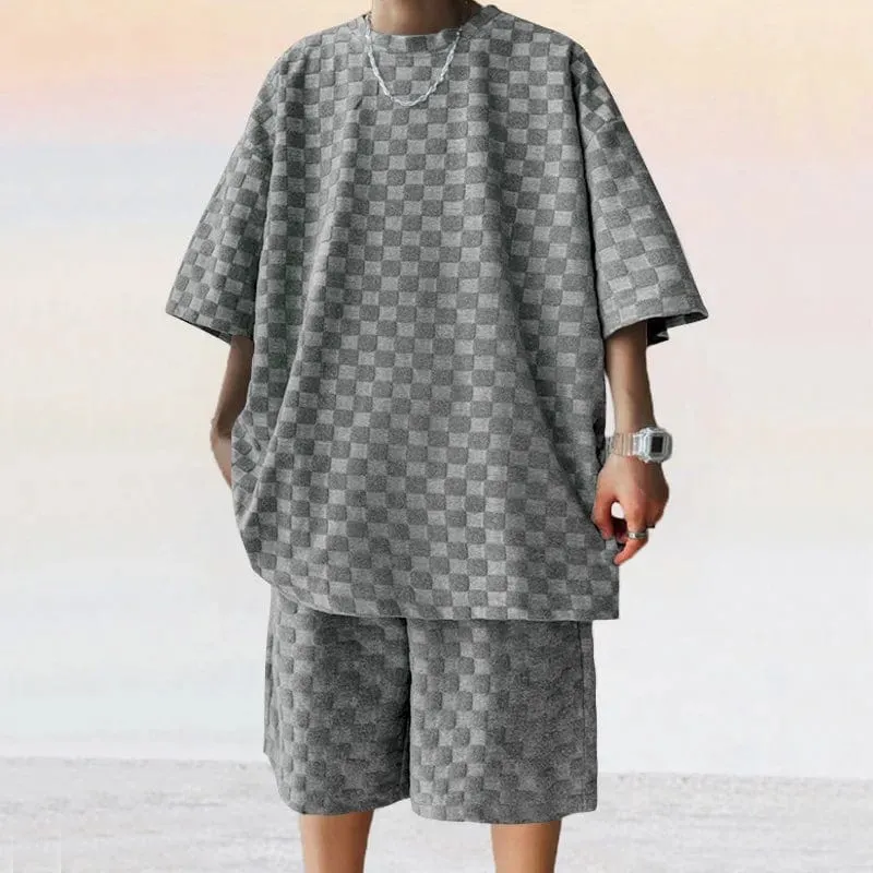 Men's Retro Plaid Two-Piece Loungewear Set: Casual Over Sized T-shirt and Shorts