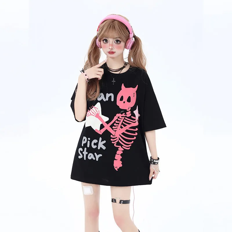 Sweet American Style Skull Letter Graffiti Loose T-shirt