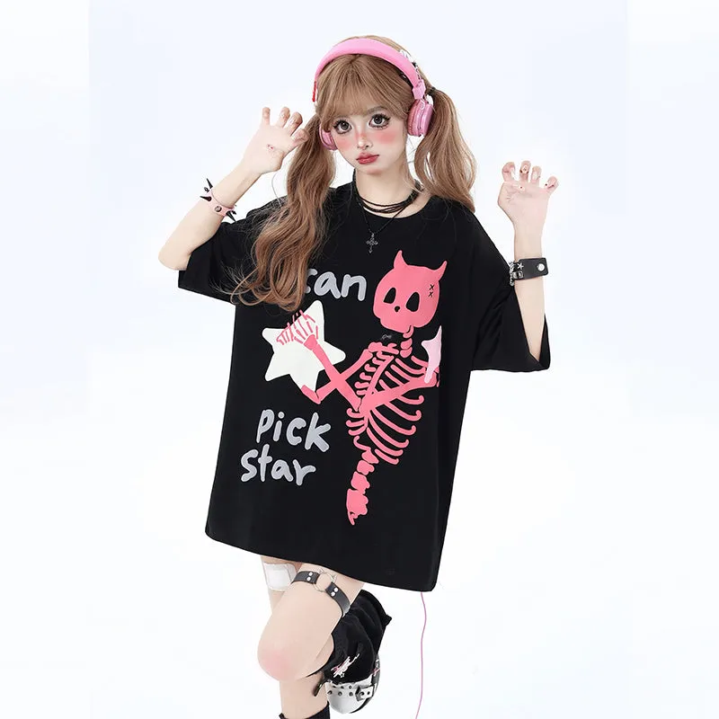 Sweet American Style Skull Letter Graffiti Loose T-shirt