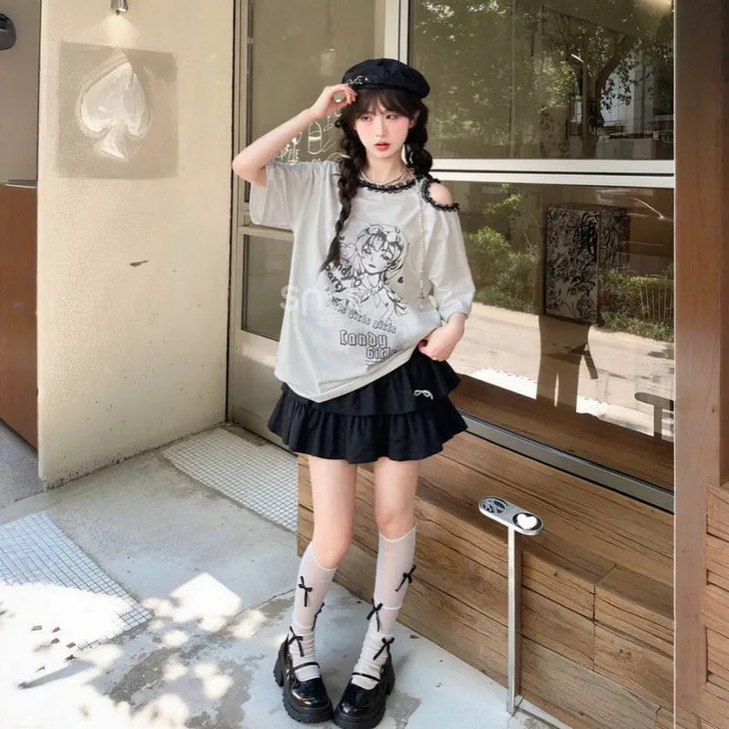 Sweet Cool Y2K Style Off-Shoulder Loose T-shirt