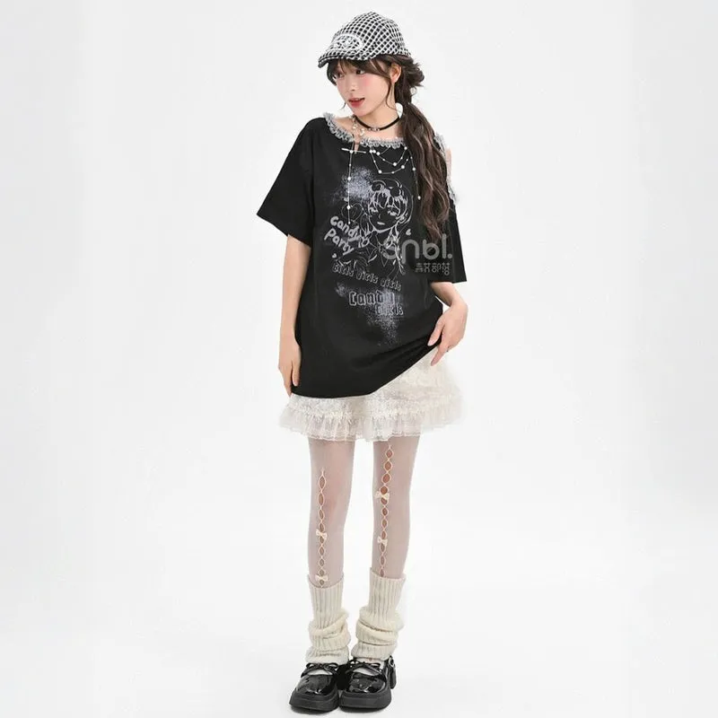 Sweet Cool Y2K Style Off-Shoulder Loose T-shirt