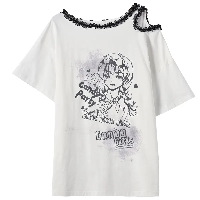 Sweet Cool Y2K Style Off-Shoulder Loose T-shirt