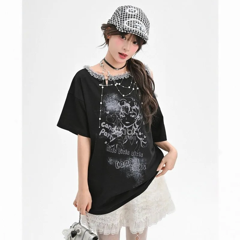 Sweet Cool Y2K Style Off-Shoulder Loose T-shirt