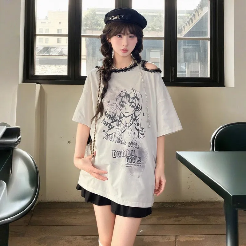 Sweet Cool Y2K Style Off-Shoulder Loose T-shirt