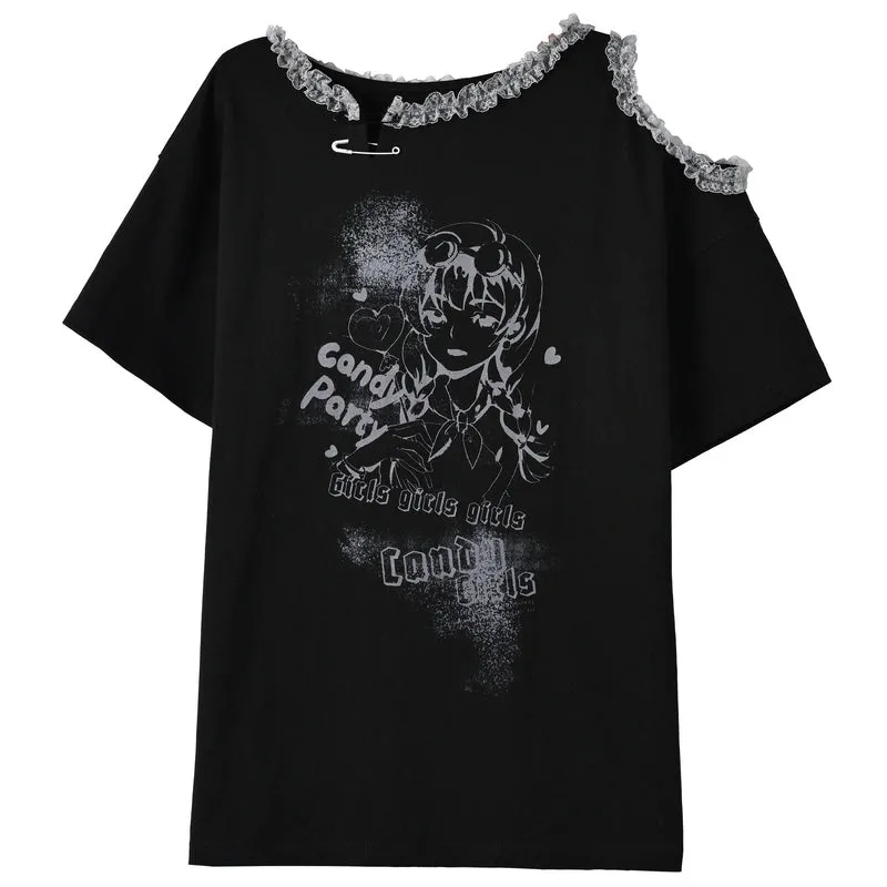 Sweet Cool Y2K Style Off-Shoulder Loose T-shirt