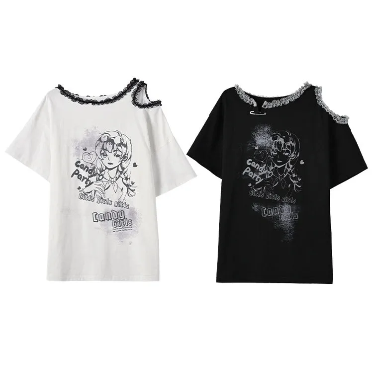 Sweet Cool Y2K Style Off-Shoulder Loose T-shirt