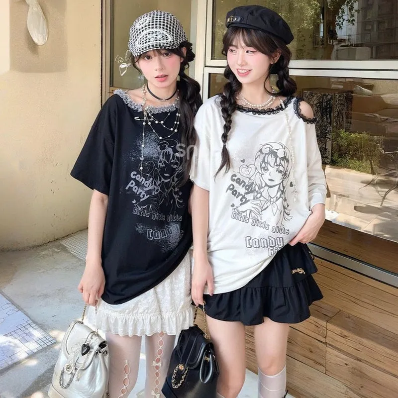 Sweet Cool Y2K Style Off-Shoulder Loose T-shirt