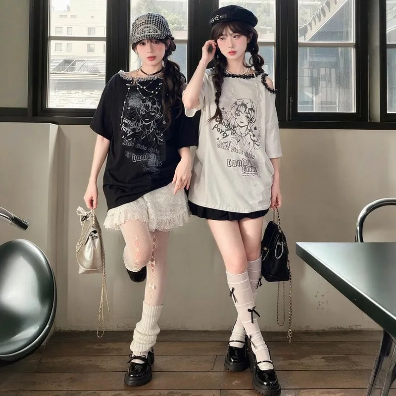 Sweet Cool Y2K Style Off-Shoulder Loose T-shirt