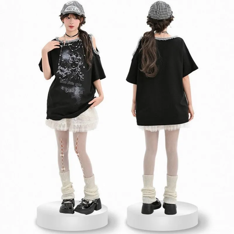 Sweet Cool Y2K Style Off-Shoulder Loose T-shirt