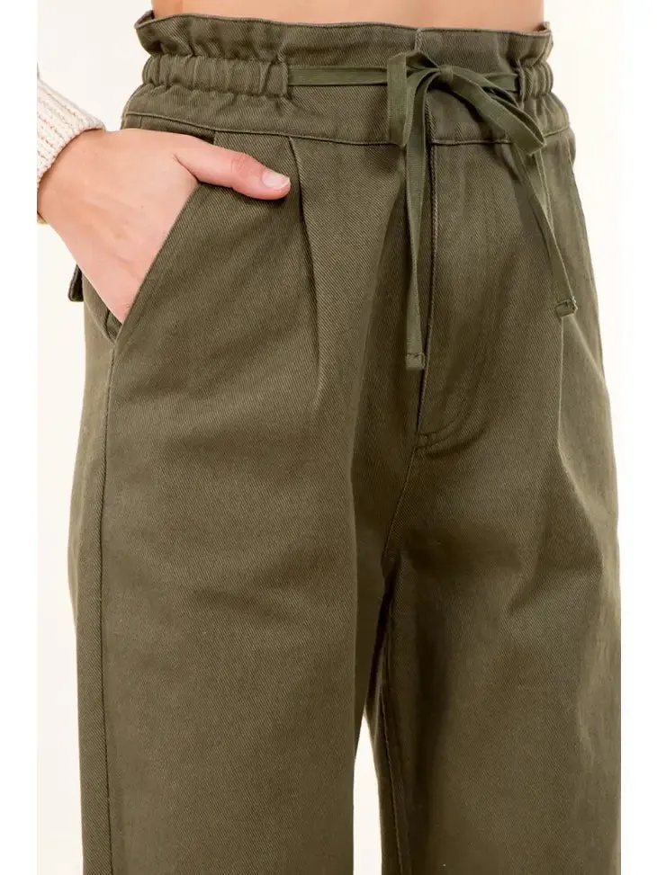 Tie Waist Paperbag Cotton Pants - OLIVE