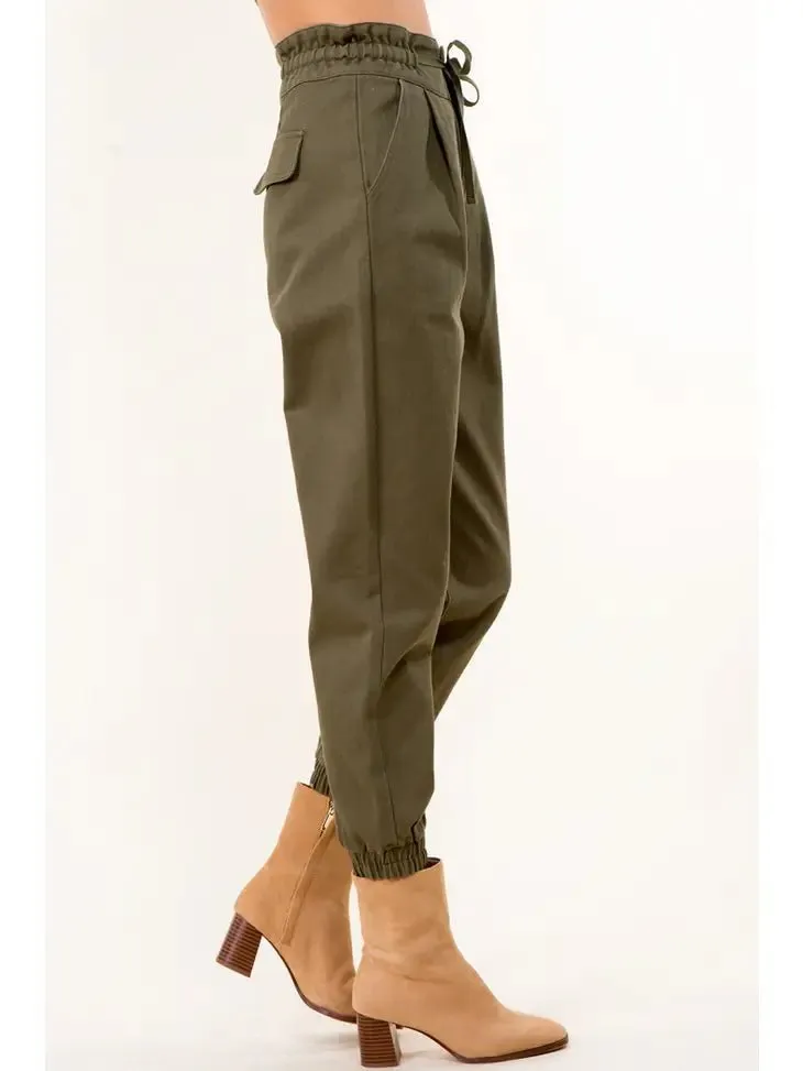 Tie Waist Paperbag Cotton Pants - OLIVE