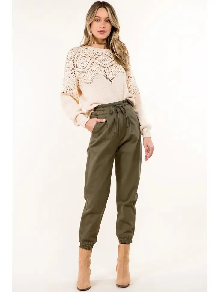 Tie Waist Paperbag Cotton Pants - OLIVE