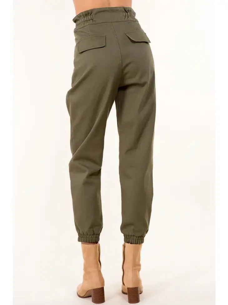 Tie Waist Paperbag Cotton Pants - OLIVE