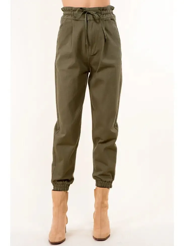 Tie Waist Paperbag Cotton Pants - OLIVE