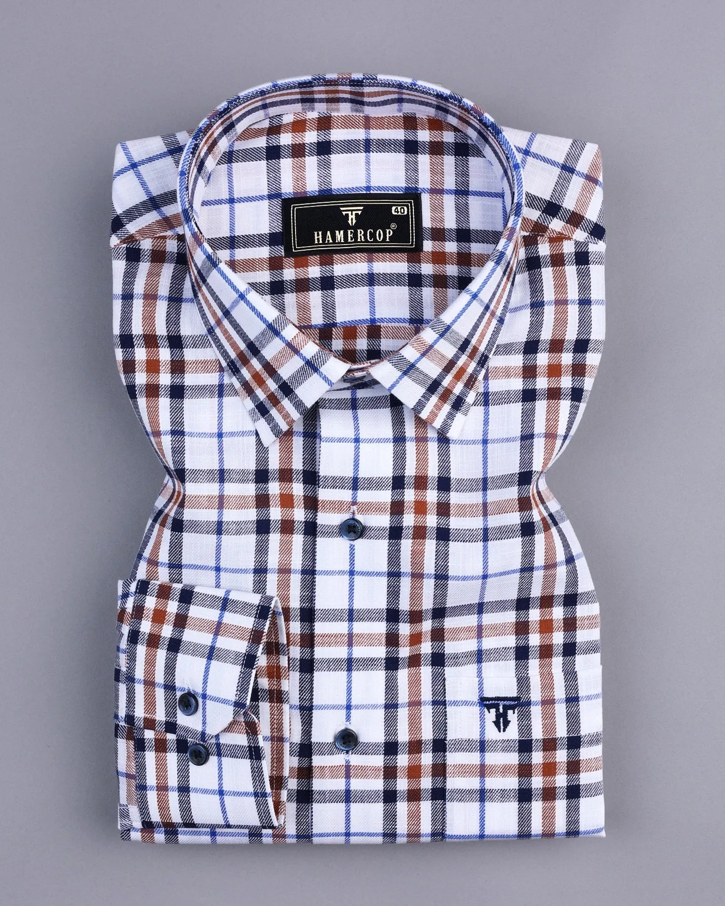 White With NavyBlue And Brown Twill Check Cotton Shirt